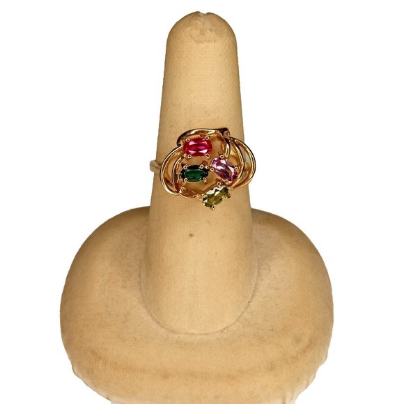 SS Stamped Size 7.75 Gold Tone Pink and Green‎ Rhinestone Ring - Picture 1 of 6